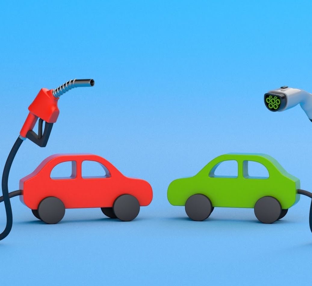 Fuel pump and plug for charging electric vehicles on a blue background. The concept of the choice of fuel for the car. 3d render.