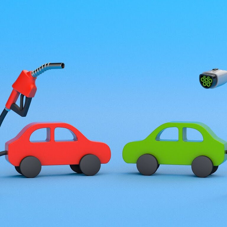 Fuel pump and plug for charging electric vehicles on a blue background. The concept of the choice of fuel for the car. 3d render.